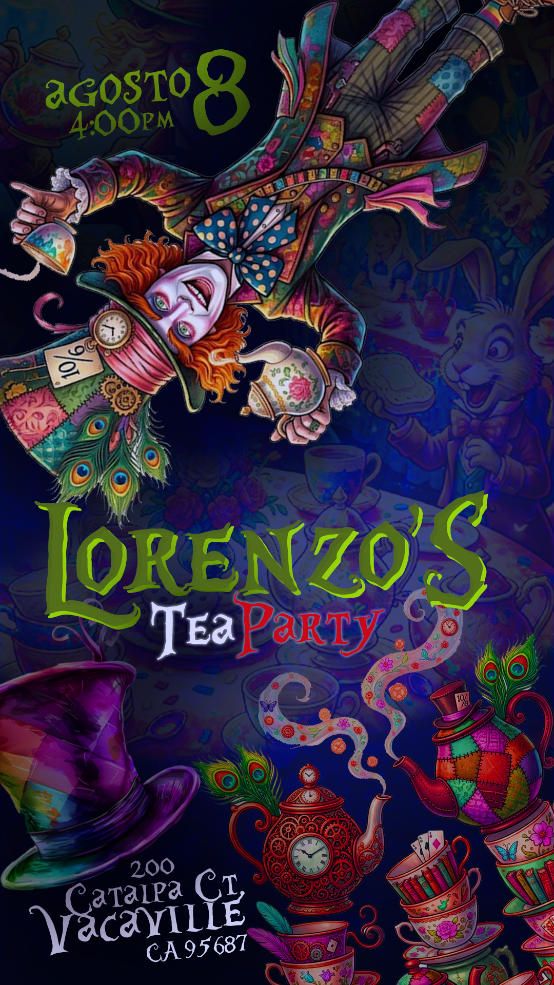 Invitación ilustrada: Lorenzo's Tea Party, 8 de agosto 4:00 PM, 200 Catalpa Ct, Vacaville CA